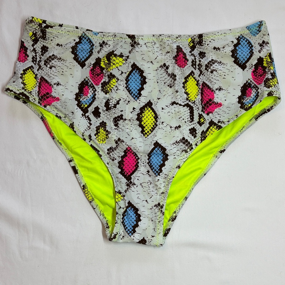 Ree Bees Vibrant Neon Snakeskin Patterned High-Waisted Bikini Bottom, New, Large